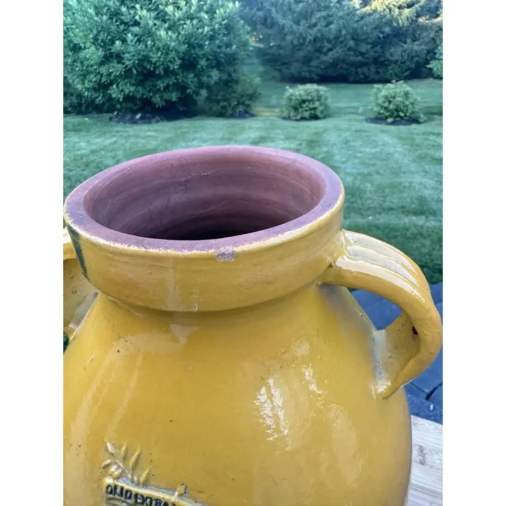 Vintage Italian Olio Di Oliva Large Double Handled Yellow Jar Terracotta Urn 13